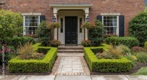 Wallpaper Mural Charming front garden design with floral arrangements, pruned hedges, and stone pathways Torontodigital.ca