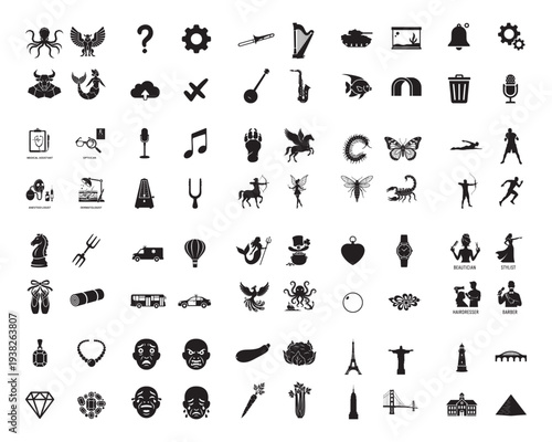 A collection of various black silhouettes of objects and symbols on a white background silhouette