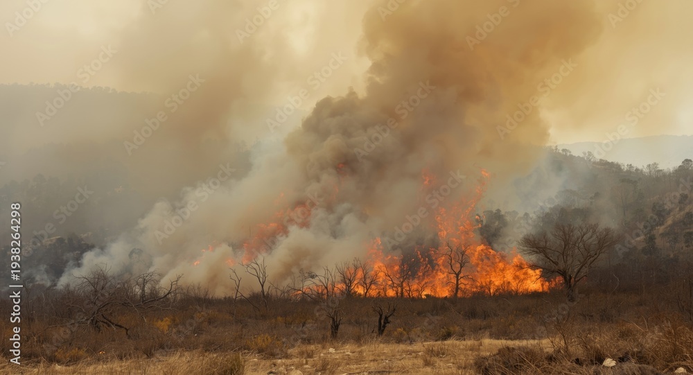Fototapeta premium A large smoke plume rises over fast-moving flames consuming woodland on a dry summer day