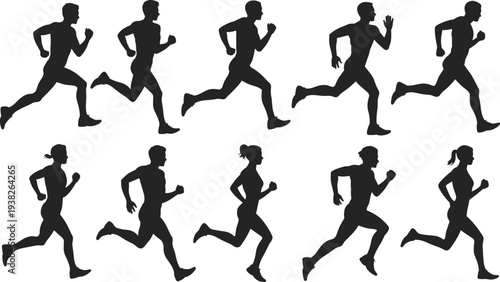 Black running athlete silhouettes set, men and women jogging icons, marathon runner poses bundle, active people sports vector for fitness