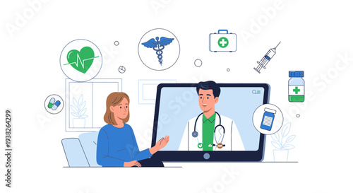 Doctor on computer screen in office.