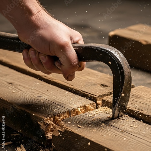 Workman Using a Crowbar on Wood Planks in a Carpentry Workshop Scene