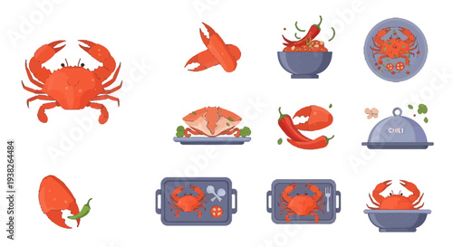 Chilli Crab Vector Illustration Set, Cartoon Seafood Icons with Spicy Sauce and Chili Peppers, Singaporean Cuisine Elements for Restaurant Menu, Branding, and Food Infographic