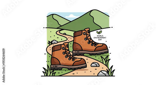 A pair of hiking boots on a winding dirt trail in a lush green mountainous landscape illustration