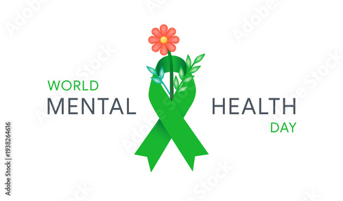 World Mental Health day, concept design with green ribbon and flowers. Vector Illustration