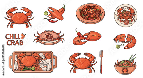 Set of chili crab illustrations, Singaporean spicy seafood icons, cartoon style crab claws, lime, and chili elements isolated on white background