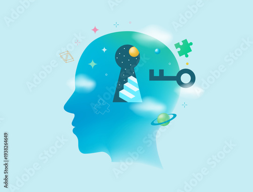 Mental health and psychotherapy concept illustration. Abstract psychology, dream, brain, neuroscience and creative mind poster