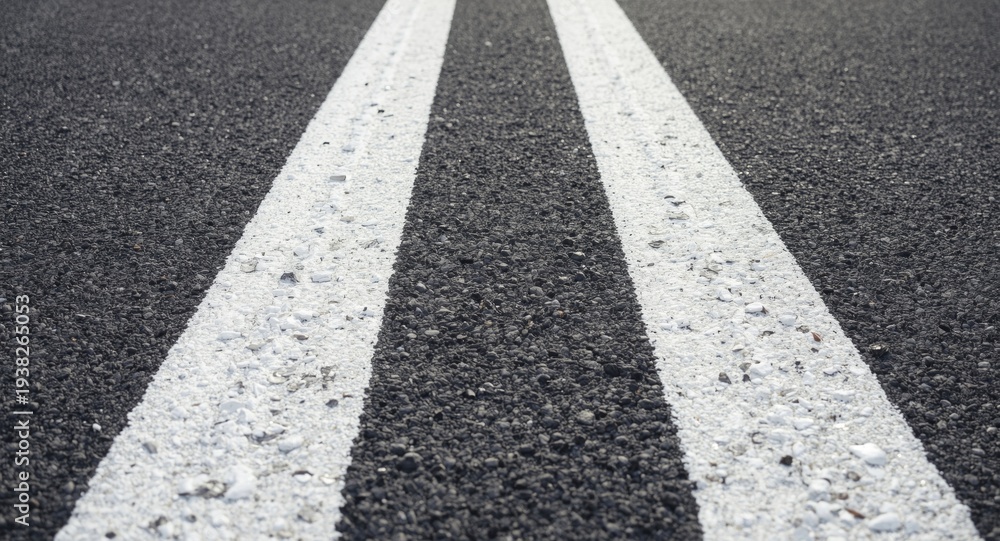 Fototapeta premium Close view of two solid white road lines on newly laid asphalt surface