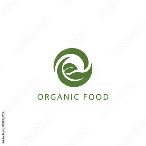 Organic food logo with swirling green leaf inside circle on white background