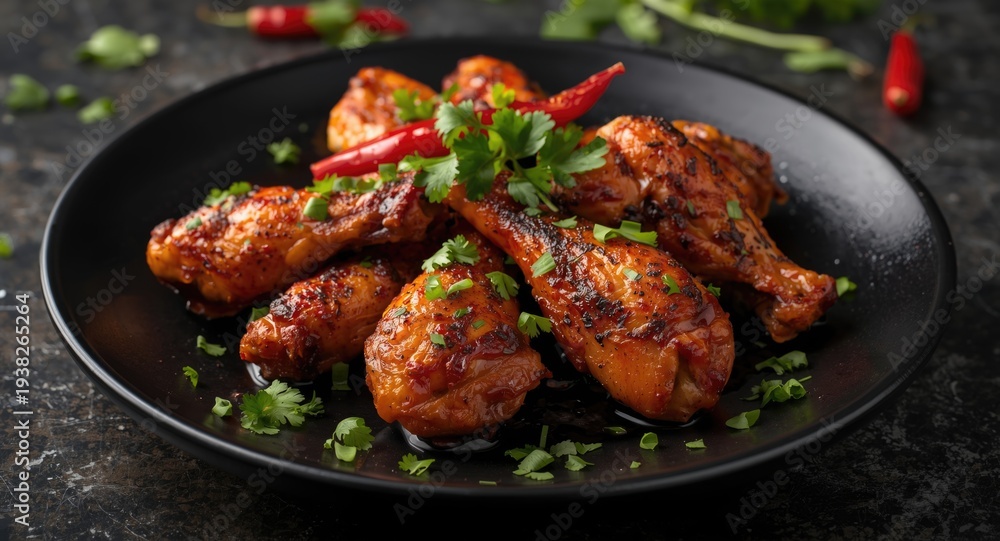 Fototapeta premium Black serving plate containing roasted chicken wings combined with fresh cilantro and spicy chili peppers