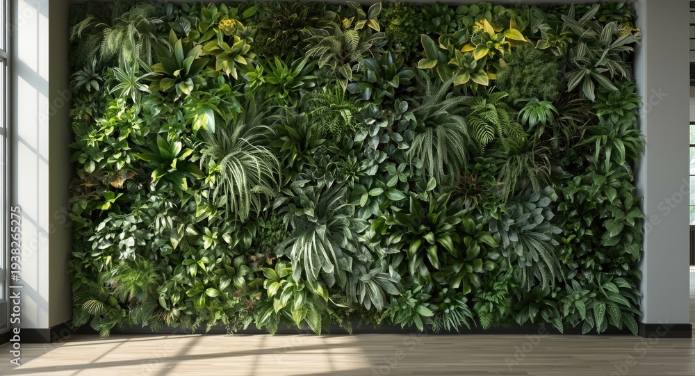 Obraz premium Cloud forest inspired vertical garden with mossy, olive, and jade toned tropical plant textures