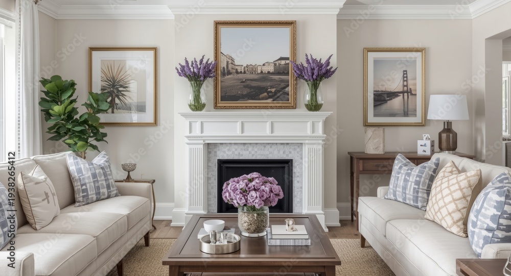 Fototapeta premium Charming living room with a white fireplace accented by lavender blooms and framed photo art
