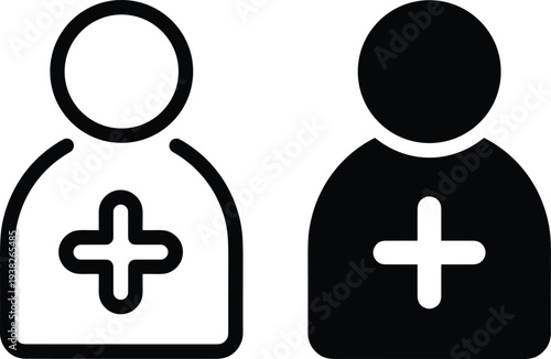 Vector illustration of a woman and man with a female symbol and a glossy round medical first aid cross button representing a Swiss health emergency sign