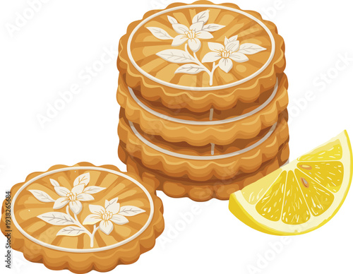 Stack of Lemon Shortbread Cookies with Floral Icing Design, Fresh Citrus Slice Illustration, Scalloped Tea Biscuits for Bakery Branding and Desserts