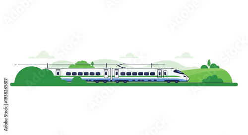 A high-speed train travels through a lush green landscape with trees and hills from a side viewpoint