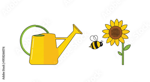 Gardening scene with watering can, bee, and sunflower in a serene garden environment from a frontal viewpoint
