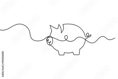 Minimalist piggy bank one line art continuous stroke vector illustration on white background
