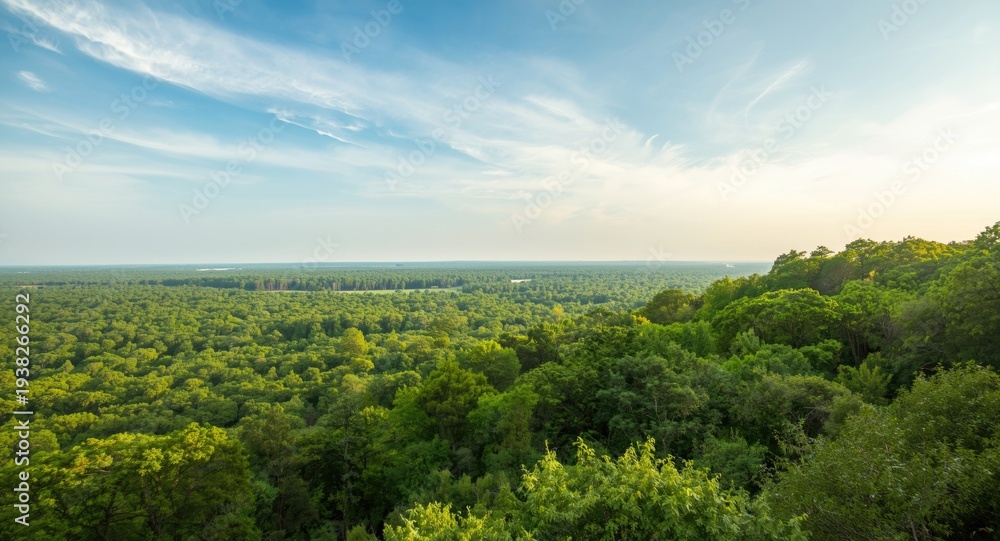 Obraz premium Spacious outdoor view with thick green forest and bright serene sky plus copy space