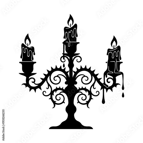 Black silhouette of an ornate gothic candelabra with melting candles, vector illustration isolated on transparent background

