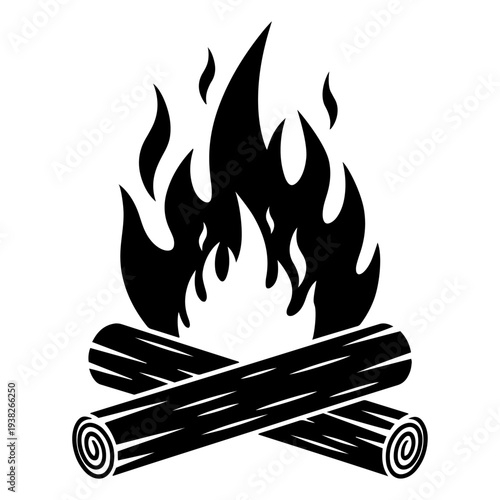Black silhouette of a campfire with burning wood logs, vector illustration isolated on transparent background

