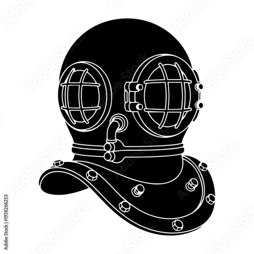Black silhouette of a vintage deep sea diving helmet, vector illustration isolated on transparent background

