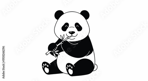 A cartoon panda bear sitting and eating bamboo shoots in a simple illustration style