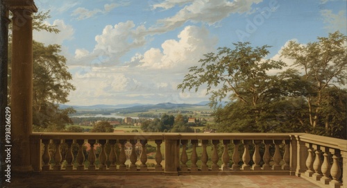 Classic era painting with a balcony perspective over a rural landscape