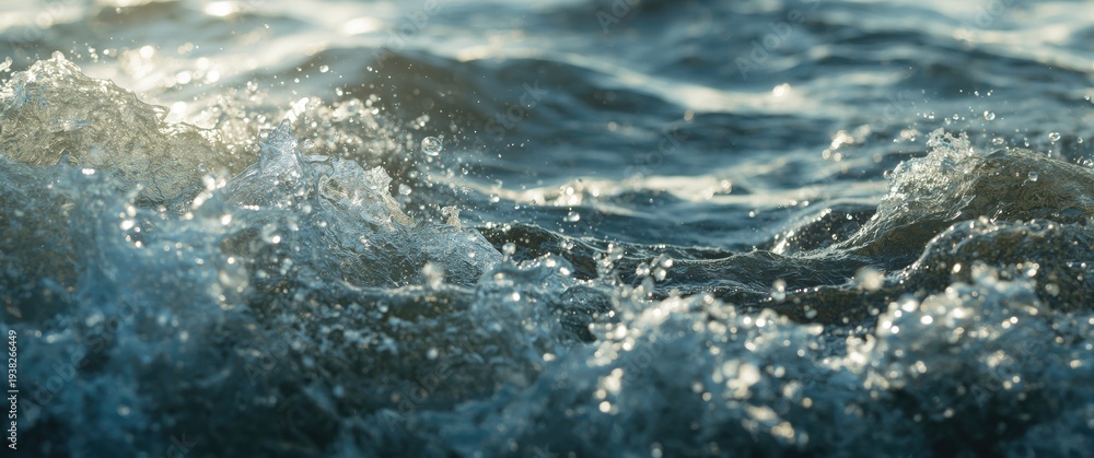 Obraz premium Dynamic water waves with bubbles and splashes in a sunlit abstract natural setting providing copy space