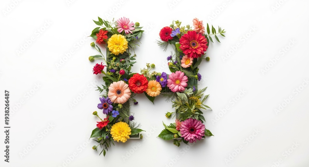 Obraz premium Creative floral letter H typography on a white backdrop highlighting vibrant natural elements
