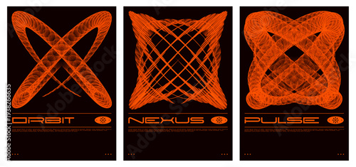 Abstract wireframe line geometry poster set with spirograph circle patterns. Futuristic minimal design. Vector collection