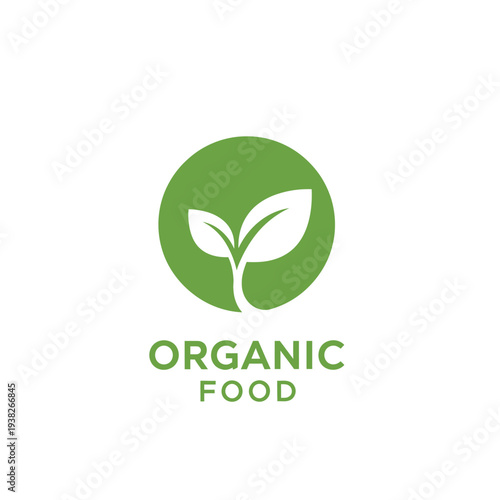 Green circle logo with white leaf silhouettes for organic food and natural shop