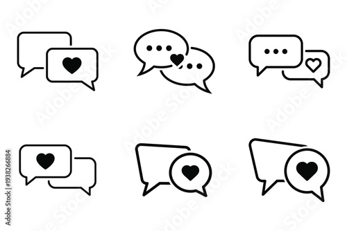 Vector set of modern chat and message bubble icons with love hearts and ellipses, perfect for social media apps and communication interfaces.