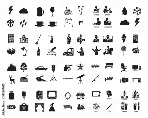 A collection of various black silhouettes icons on a white background silhouette