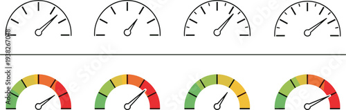 Speedometer and Gauge Icons Set with Colorful Indicators for Data Visualization, Performance Monitoring, and UI Design
