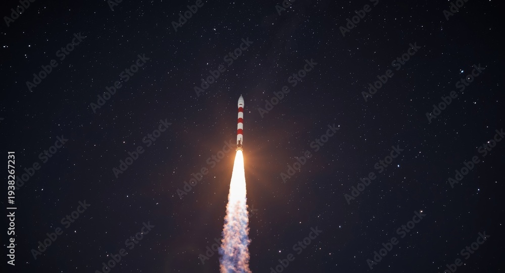 Fototapeta premium Bricks rocket streaking upward in starry night sky