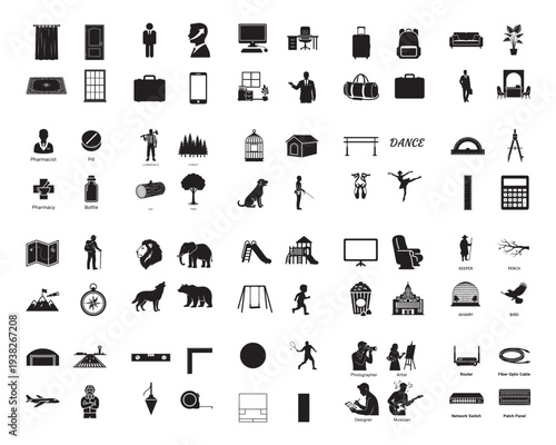 A collection of various black silhouettes of objects and people on a white background in silhouette mode