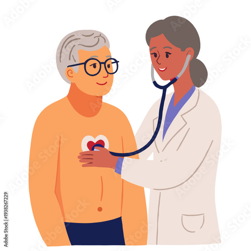 Doctor checking elderly heartbeat. Medical checkup of senior patient. Physician examining elderly person. Healthcare professional listening to senior’s heart. Elderly set