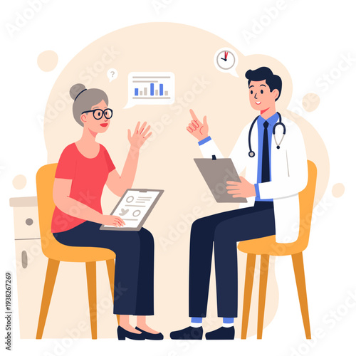 Doctor explaining test results. Physician discussing medical information. Doctor consulting elderly patient. Medical consultation with senior. Elderly set