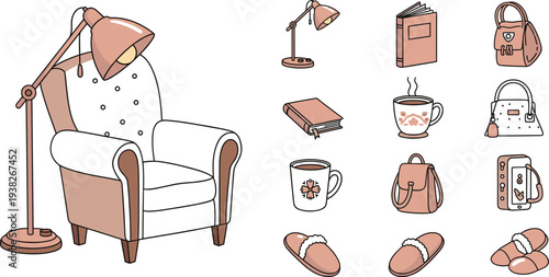 Hand-drawn flat vector doodle icon set representing relaxation, self-care, mindfulness, stress relief, and cozy lifestyle concepts