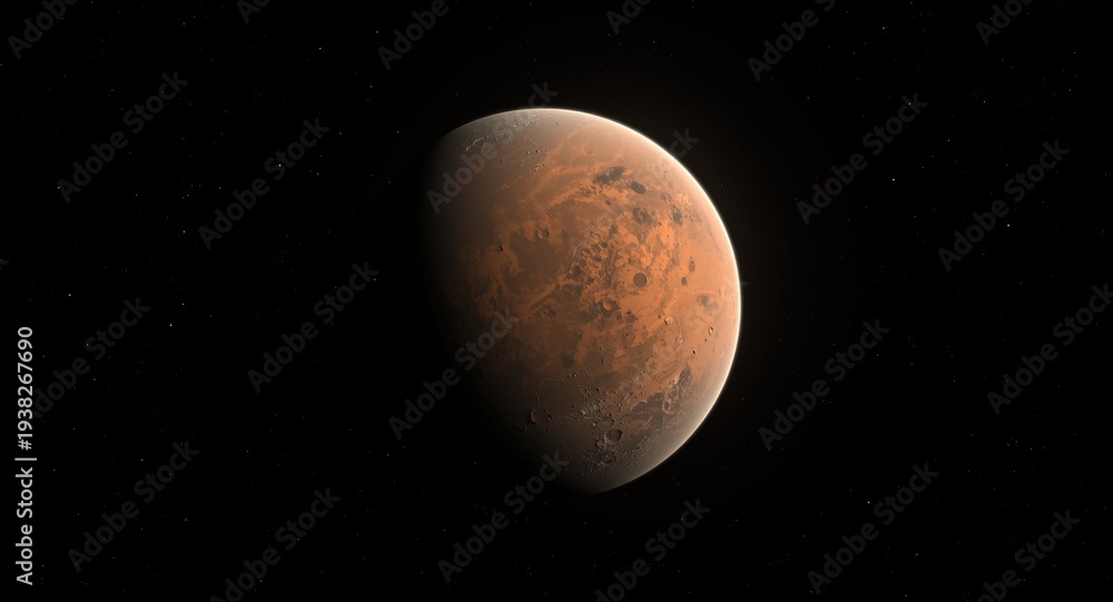 Fototapeta premium Bright Mars planet captured on a smooth pitch black starless backdrop
