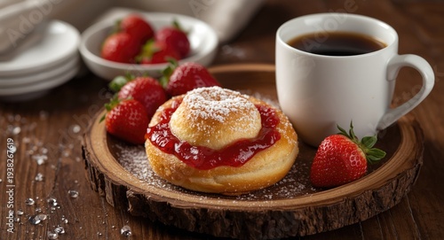 Wallpaper Mural Delicious strawberry jam roll served with coffee on a rustic wooden plate Torontodigital.ca