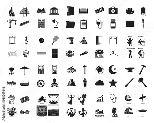 A collection of various black silhouettes of objects and symbols on a white background silhouette
