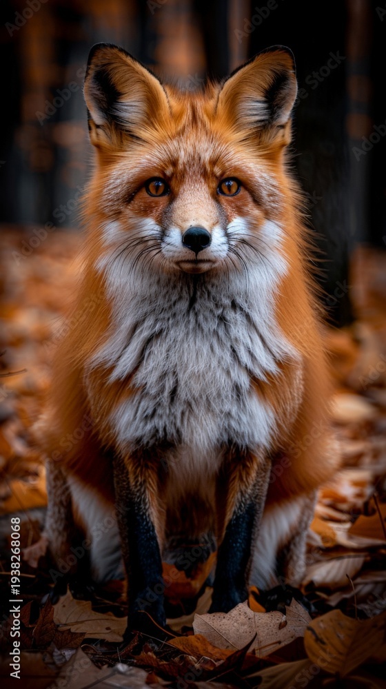 Naklejka premium Red fox displays vibrant orange fur and unique facial features while sitting on a bed of autumn leaves in a serene forest environment