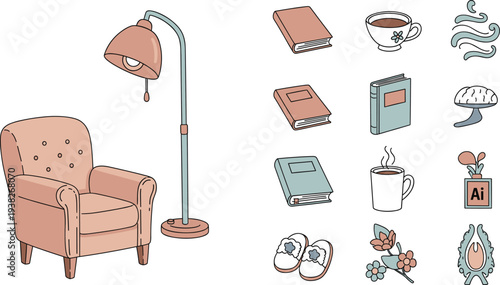 Hand-drawn flat vector doodle icon set representing relaxation, self-care, mindfulness, stress relief, and cozy lifestyle concepts