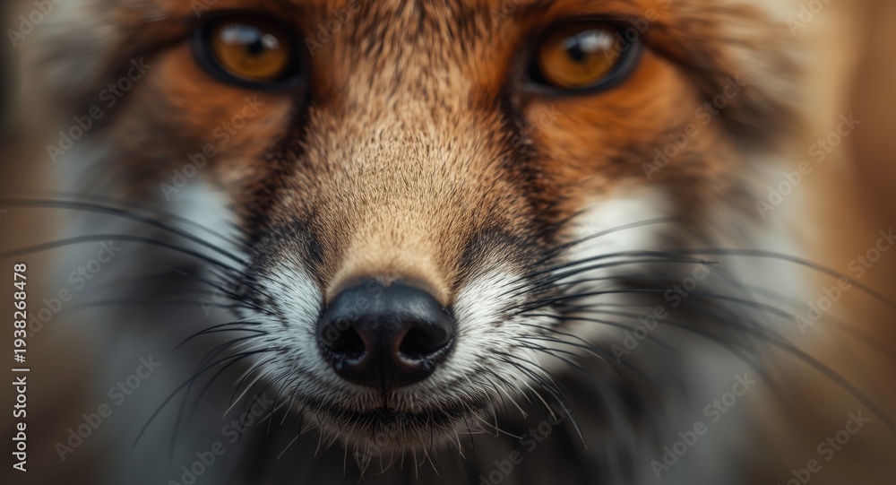 Naklejka premium Zoomed capture of a fox nose and intense amber eyes
