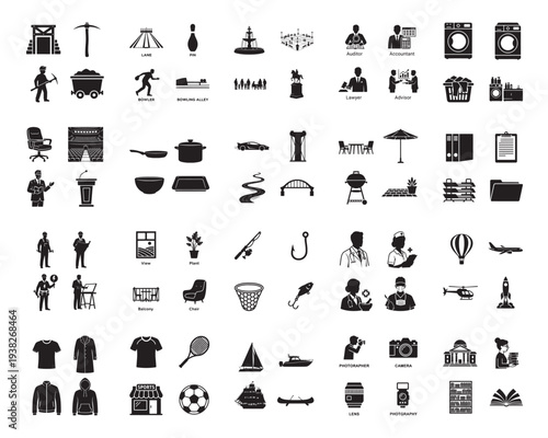 A collection of various black silhouettes of everyday objects and activities against a white background silhouette
