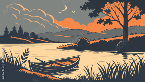 Vintage-style flat vector illustration of a river and hills at sunset with a boat and crescent moon