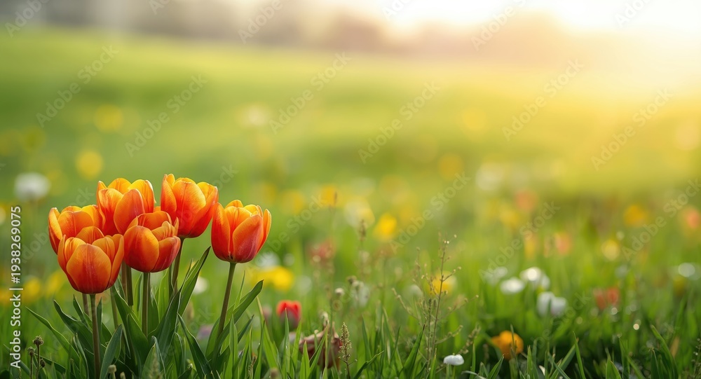 Obraz premium Cheerful tulip flowers blossoming in a colorful spring meadow