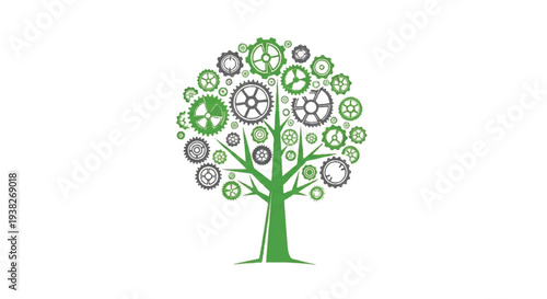 Illustration of a green tree with mechanical gears as leaves, symbolizing innovation and growth in a modern industrial setting from a front viewpoint