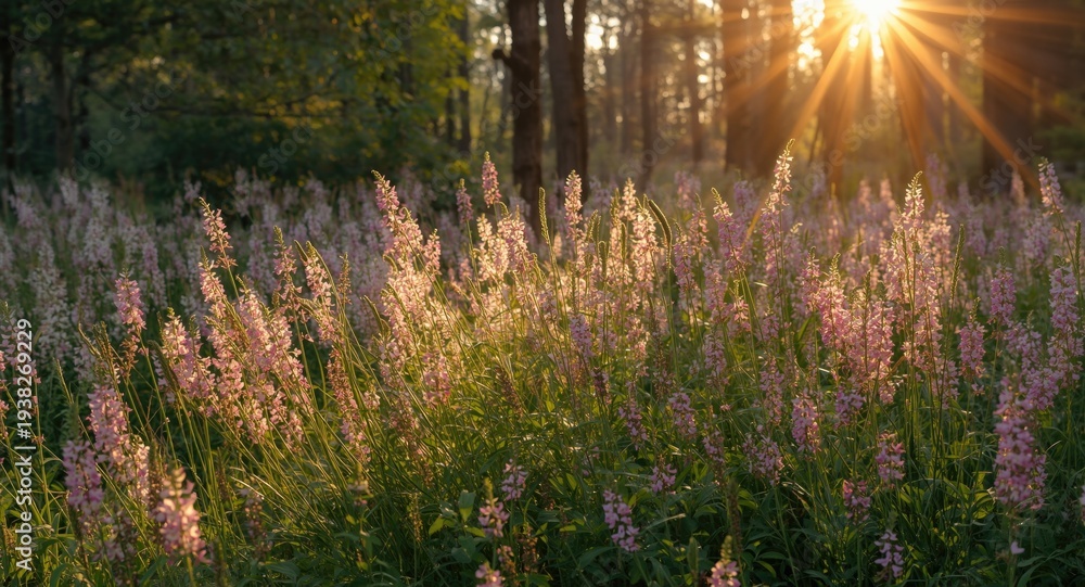 Obraz premium Dazzling floral display bathed in gentle morning light of woods